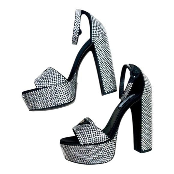 Prada Black Platform Rhinestone Block Heel Open Toe Ankle Strap Heels EU 37 FLAW - Picture 1 of 11